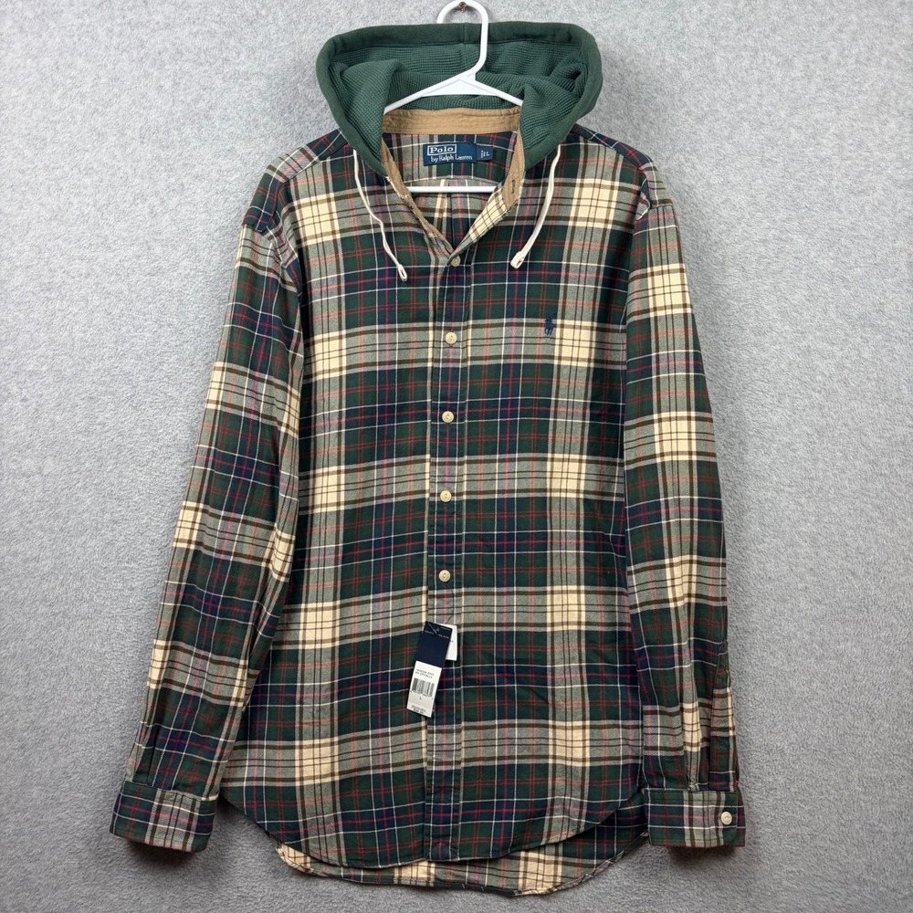Polo Ralph Lauren Hoodie Flannel Mens Large Tartan Plaid Thermal Lined Hood NWT